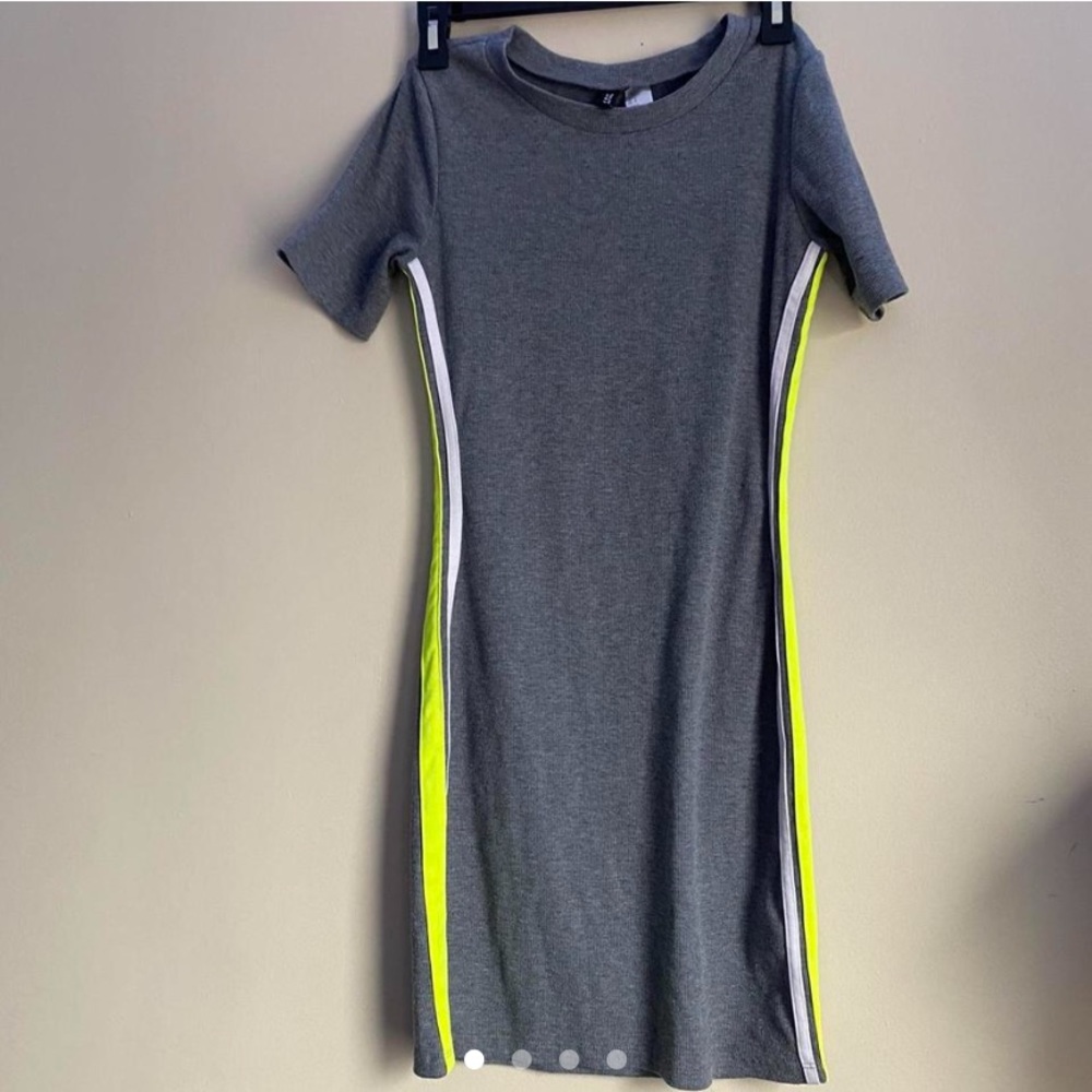 Gray ribbed mini dress with neon stripes